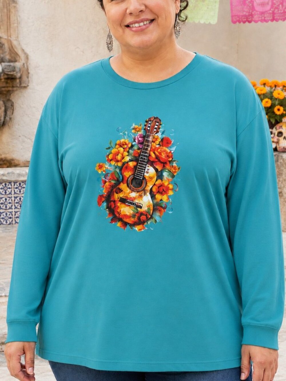 Custom Print Dia de los Muertos Guitar Floral LS T-Shirt 3X Peacock Blue NWOT